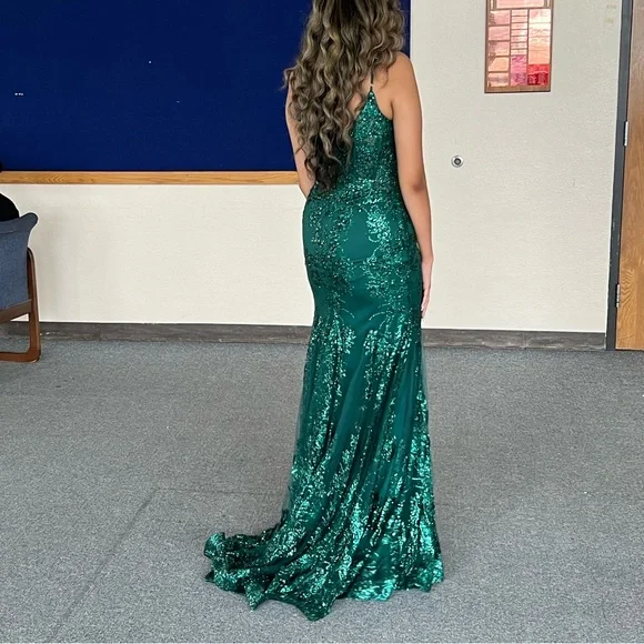open lace back dress Rachel Allan 70872 Long Formal Beaded Glitter Prom Dress main image 0